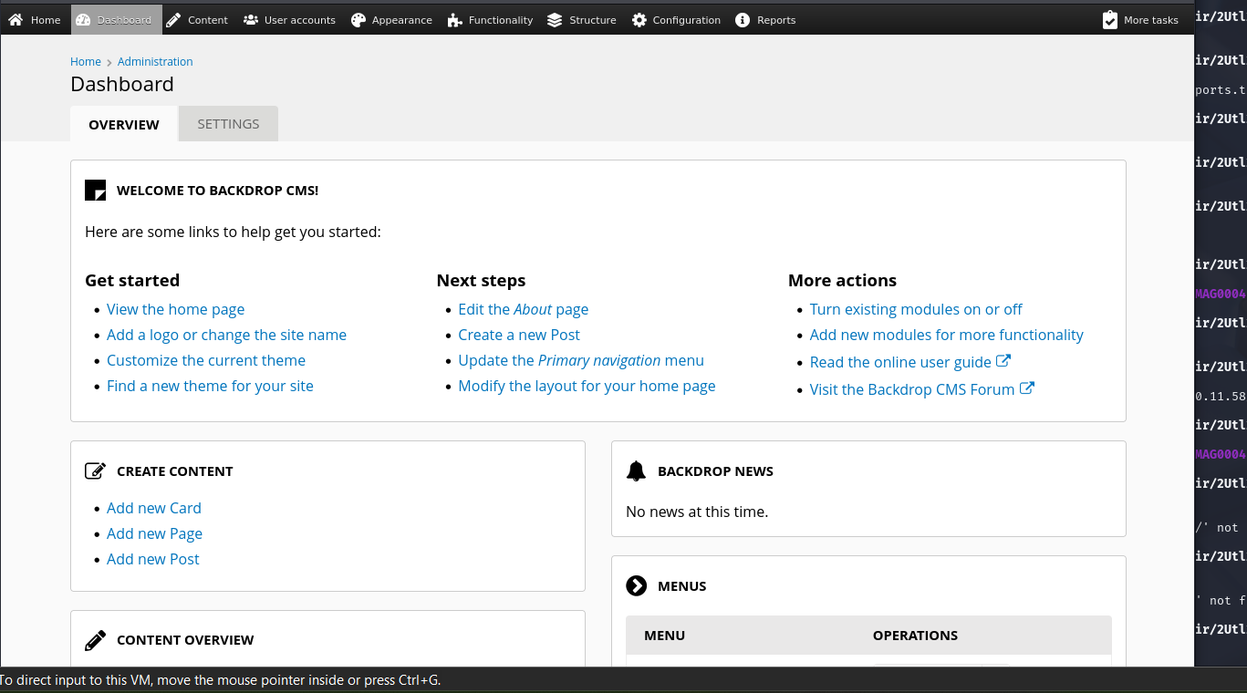 Backdrop CMS login page and dashboard after successful login