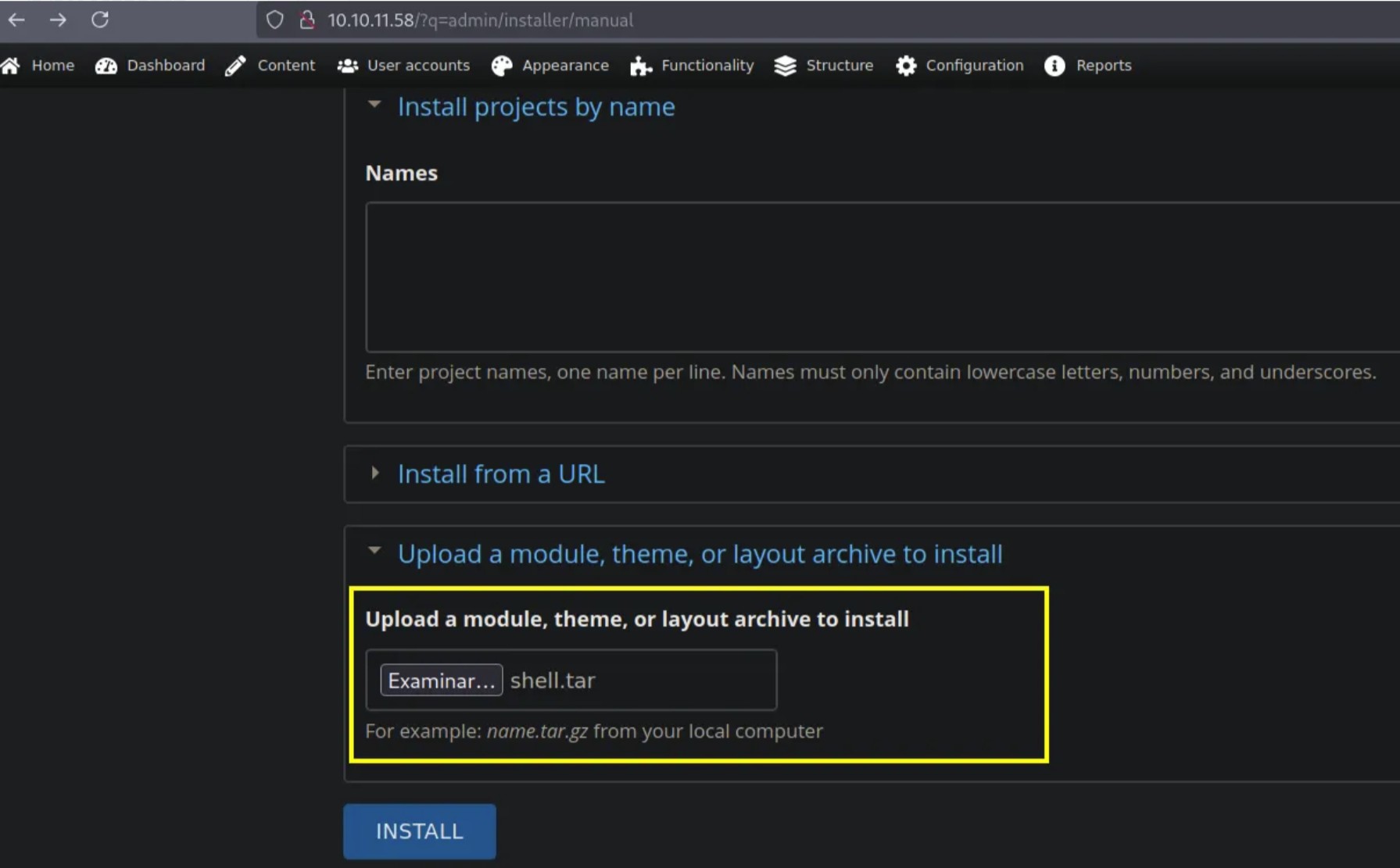 Screenshot of Backdrop CMS module upload interface