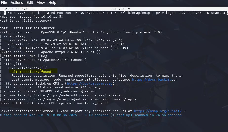 Nmap scan results showing open ports 22 and 80