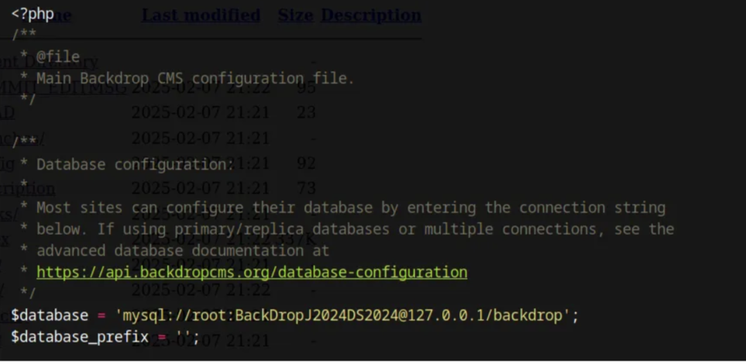 Code snippet of settings.php revealing database credentials
