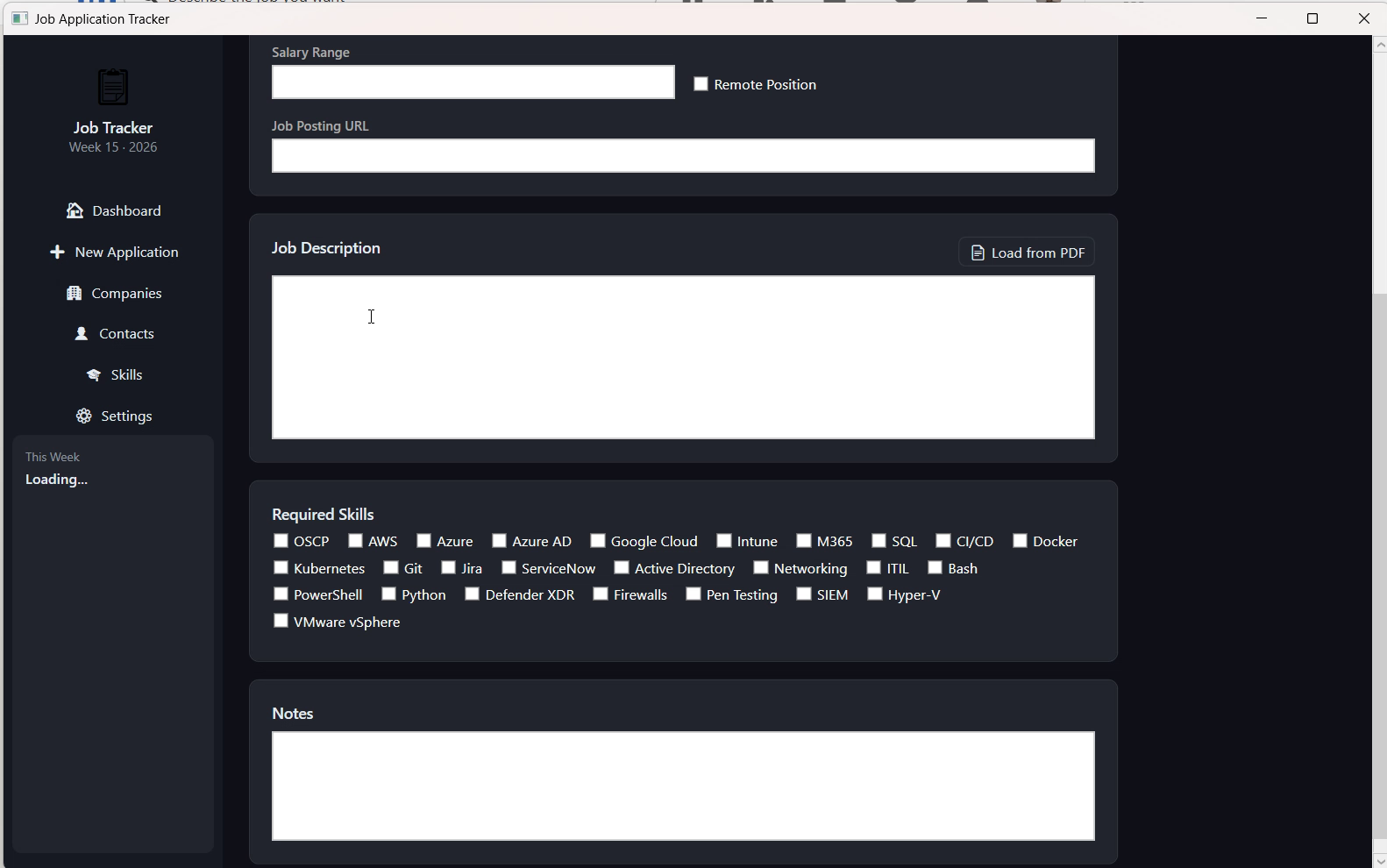 JobTracker application form with PDF extraction and skill tracking
